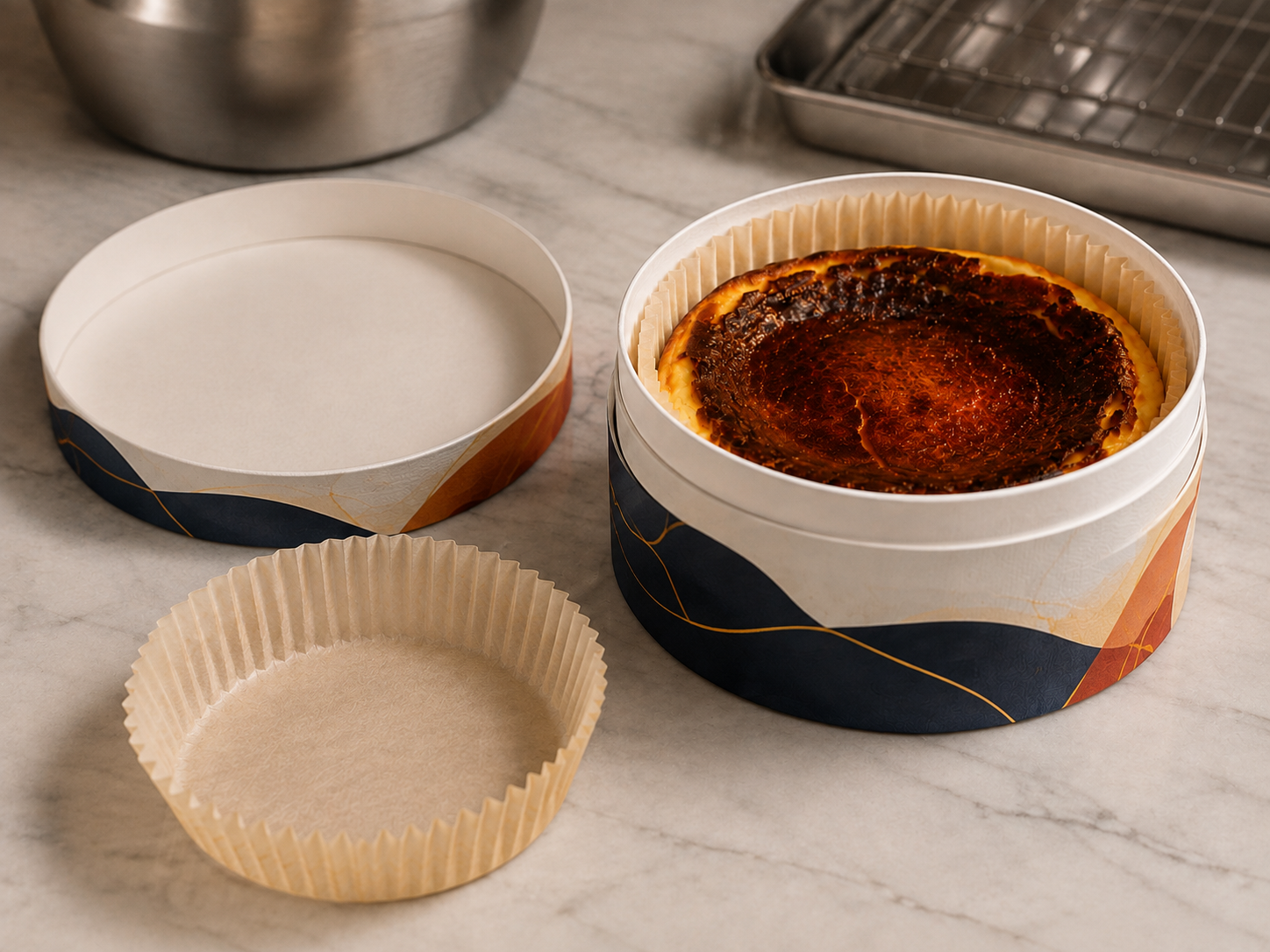 Open round cake tube showing its shallow lift-off lid, raised white locking collar, rigid base and removable pleated parchment liner