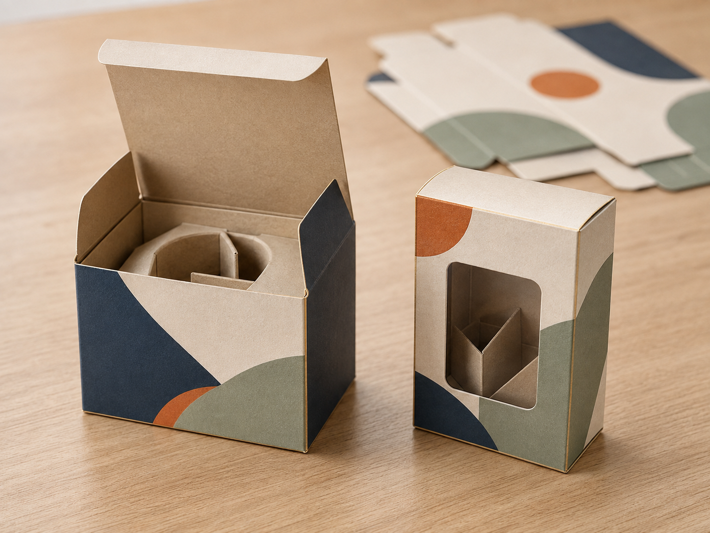 Close view of realistic carton score lines, locking tabs, window and folded paperboard insert