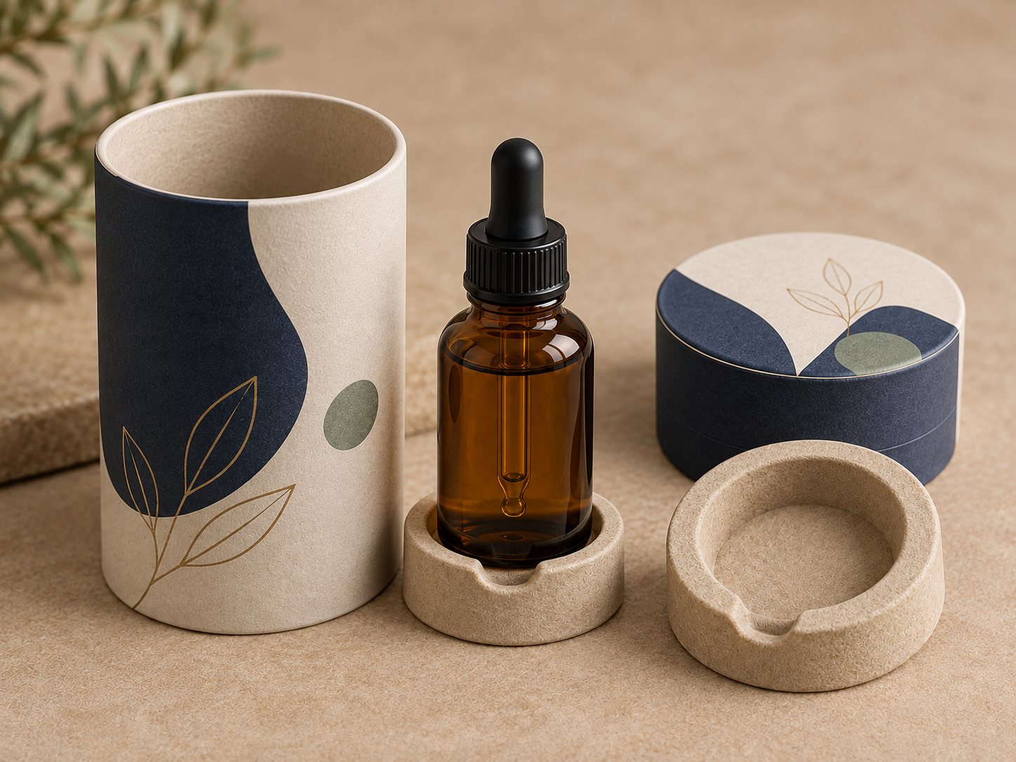Complete amber dropper bottle standing in a low molded-fiber base cradle beside an intact paper tube, separate lid and empty bottom cradle
