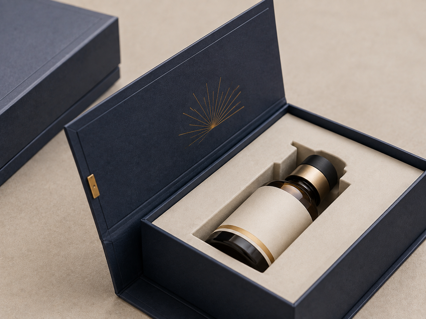 Close detail of a realistic book-style rigid box hinge, wrapped edge and fitted insert