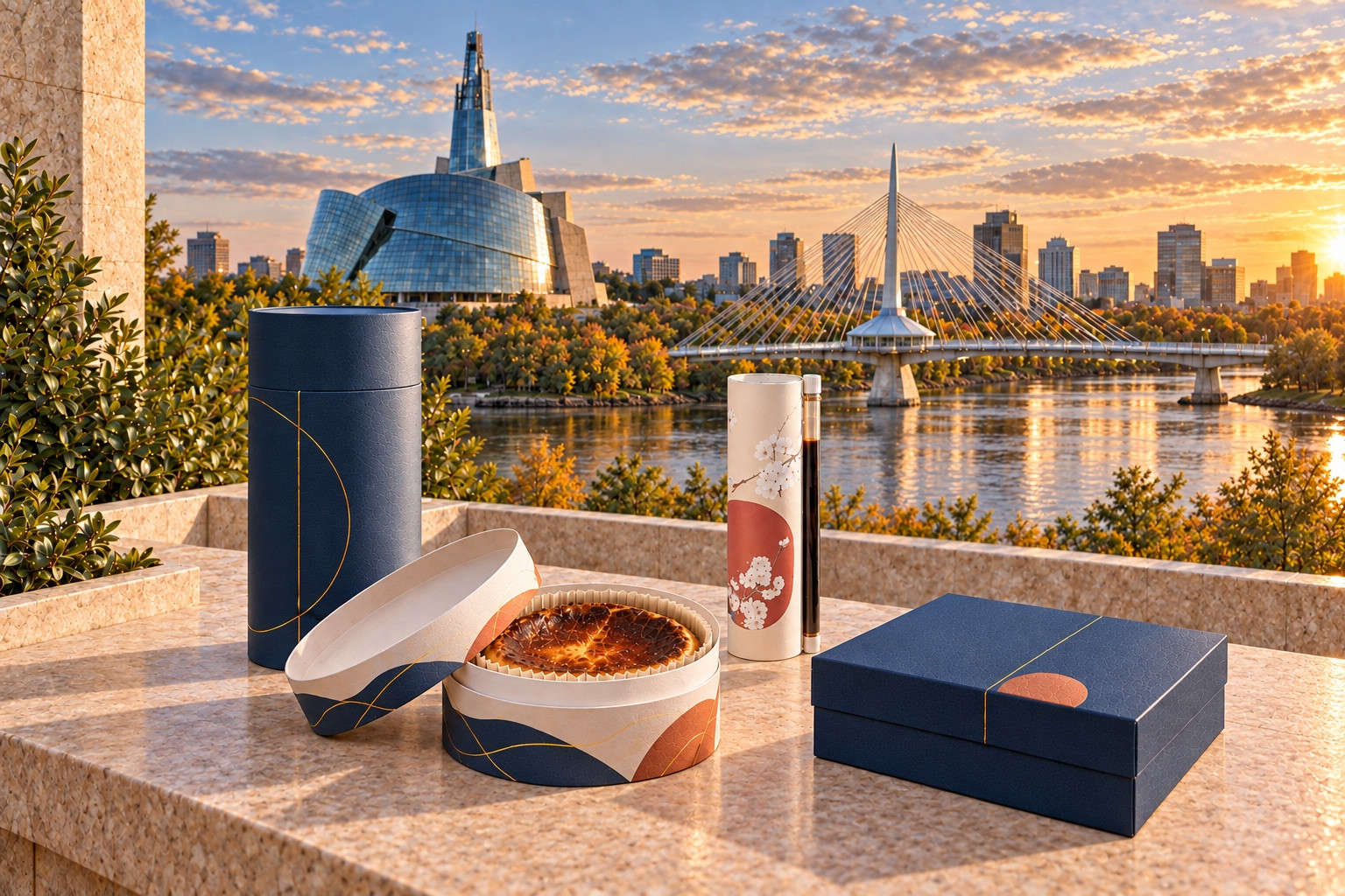 Custom paper tube, bakery, sushi tube and rigid box packaging presented with Winnipeg's Canadian Museum for Human Rights and Esplanade Riel