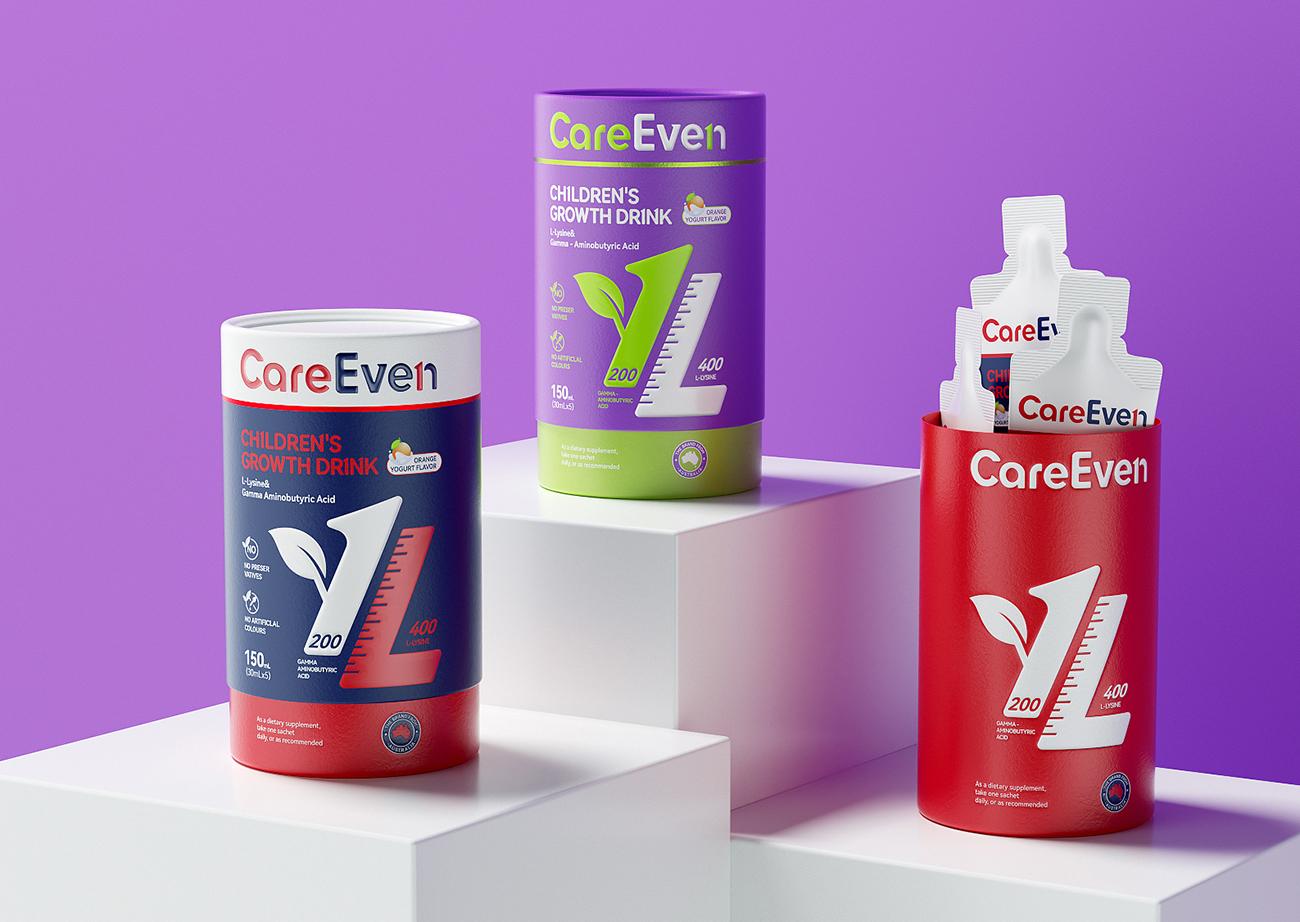 Three colour-coded cylindrical paper packages displaying individual nutrition sachets