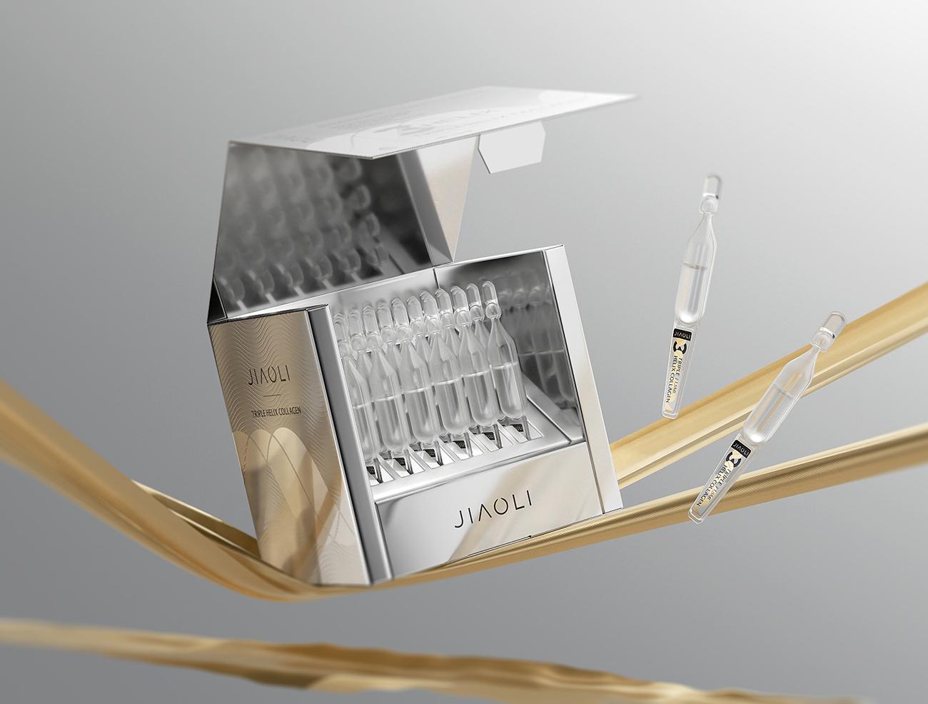 Open collagen presentation box showing thirty ampoules arranged upright in a fitted grid tray