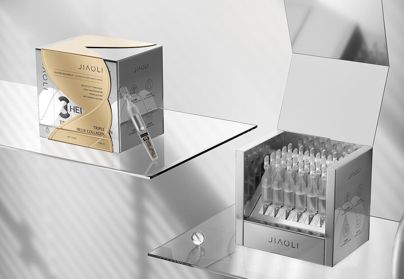 Closed and open views of the silver rigid collagen ampoule box