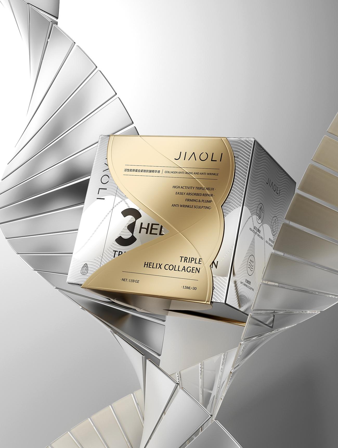 Silver collagen ampoule presentation box with a sculptural gold helix-shaped front sleeve