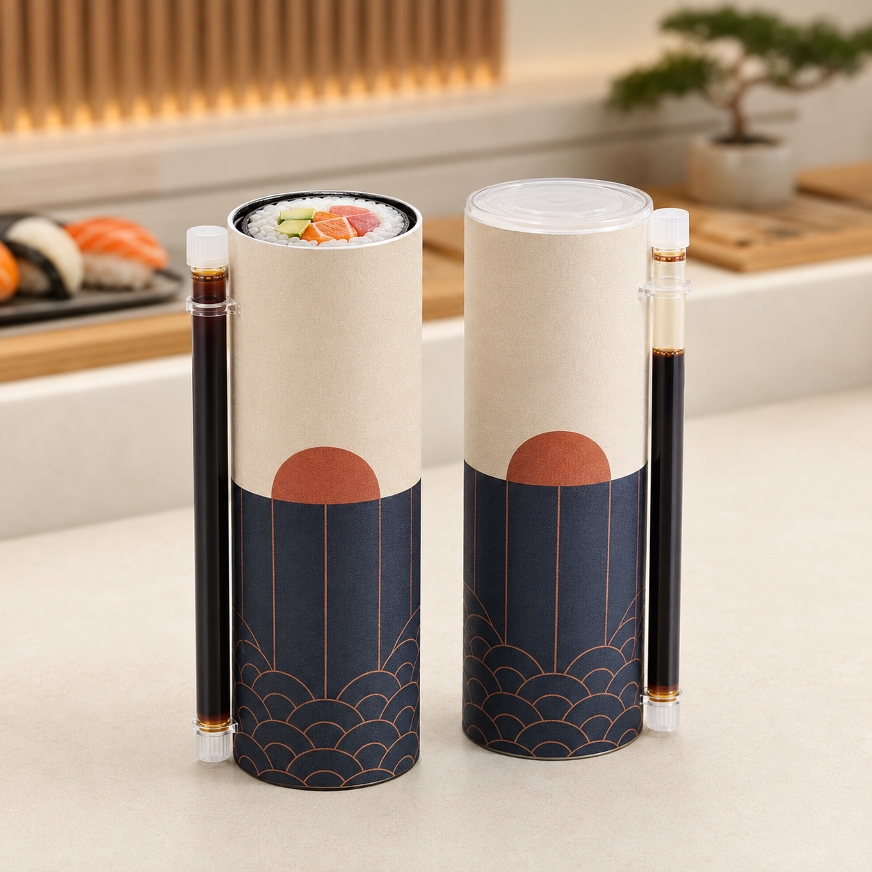 Two complete push sushi tube packages with external sauce vials, including one open tube showing a closely fitted sushi roll
