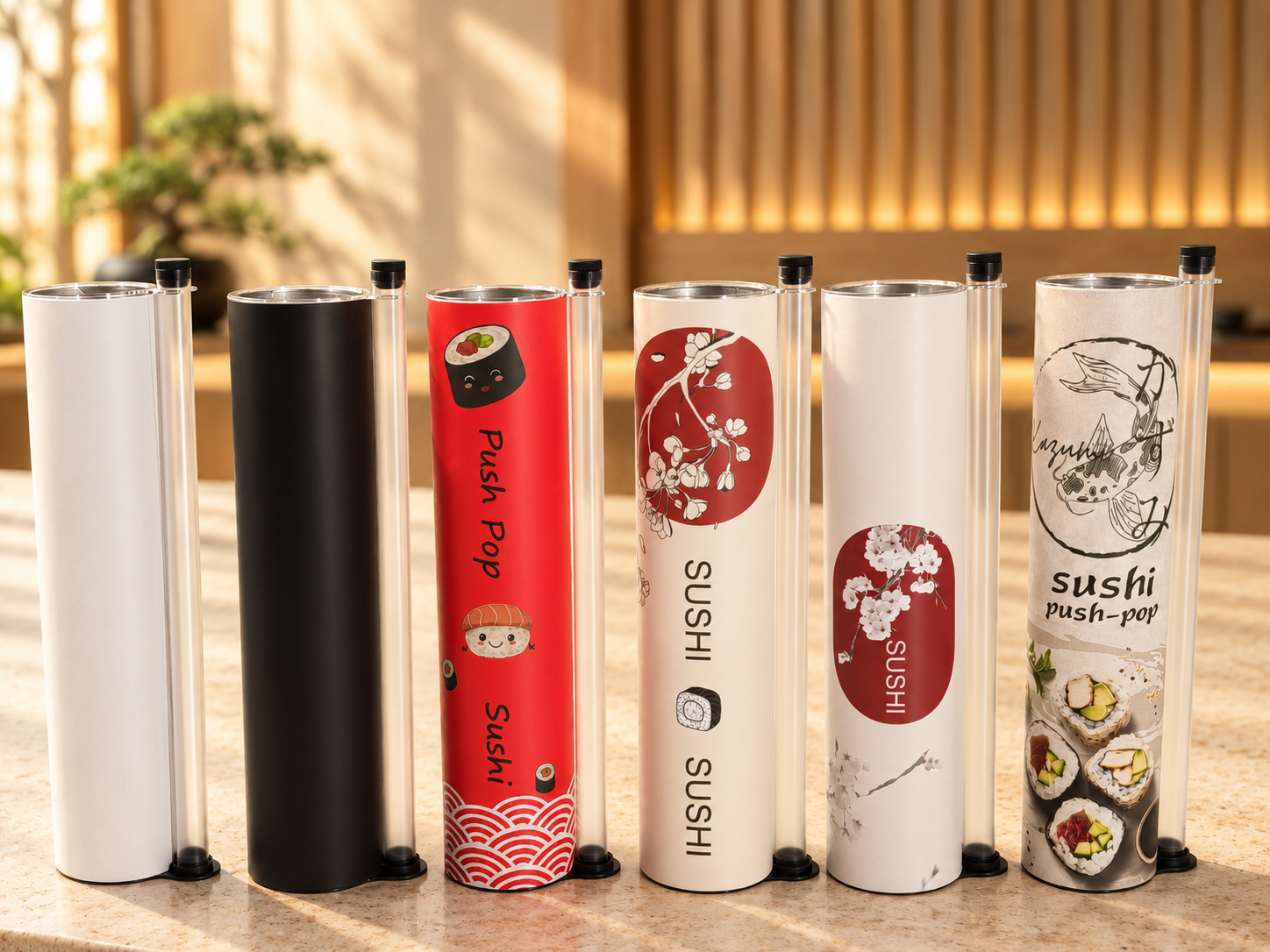 Six real push sushi tube samples with attached sauce vials in a warm contemporary dining setting
