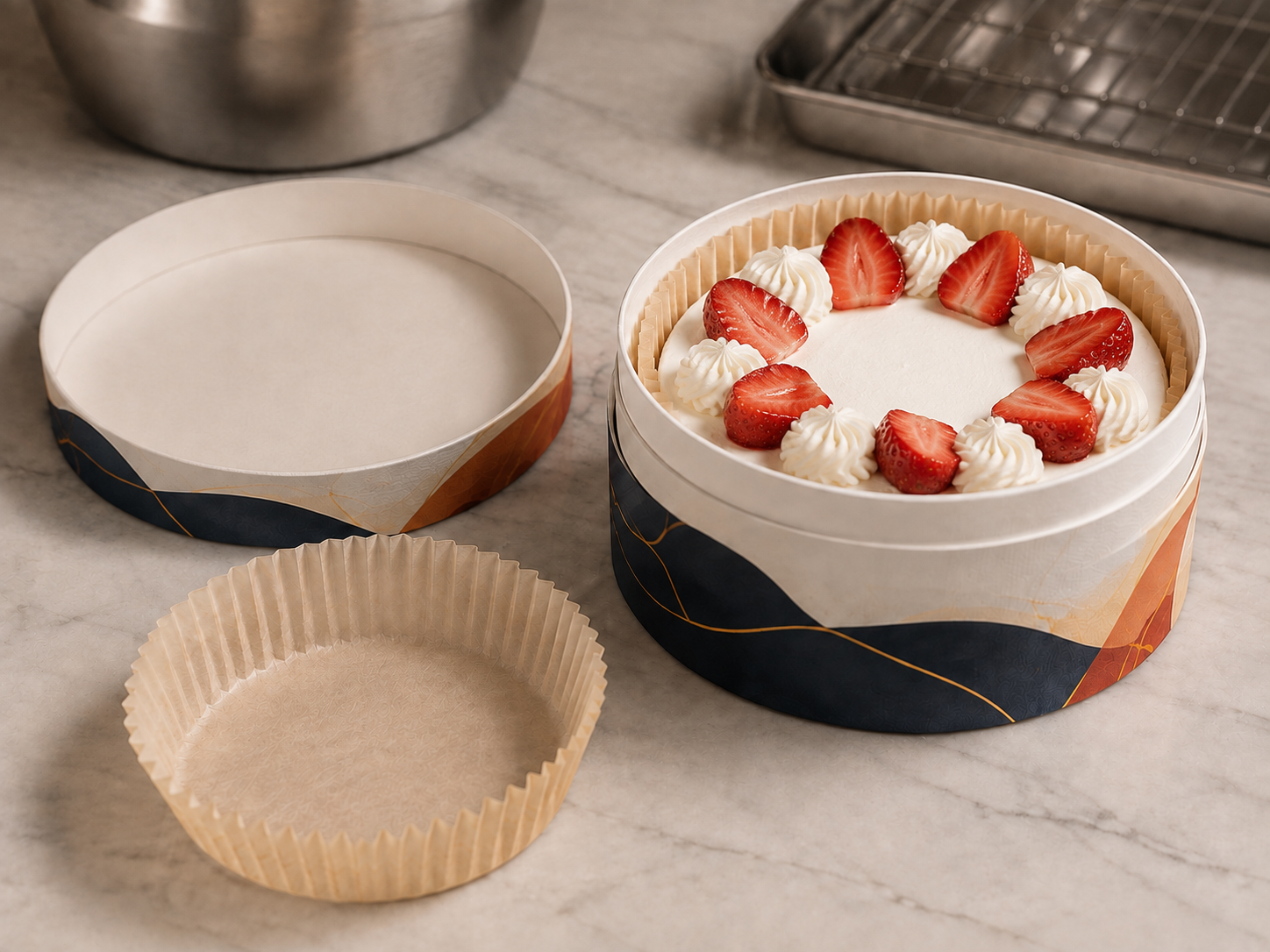 Open round cake tube with a strawberry cream cake, shallow lift-off lid, raised white locking collar, rigid base and removable pleated parchment liner