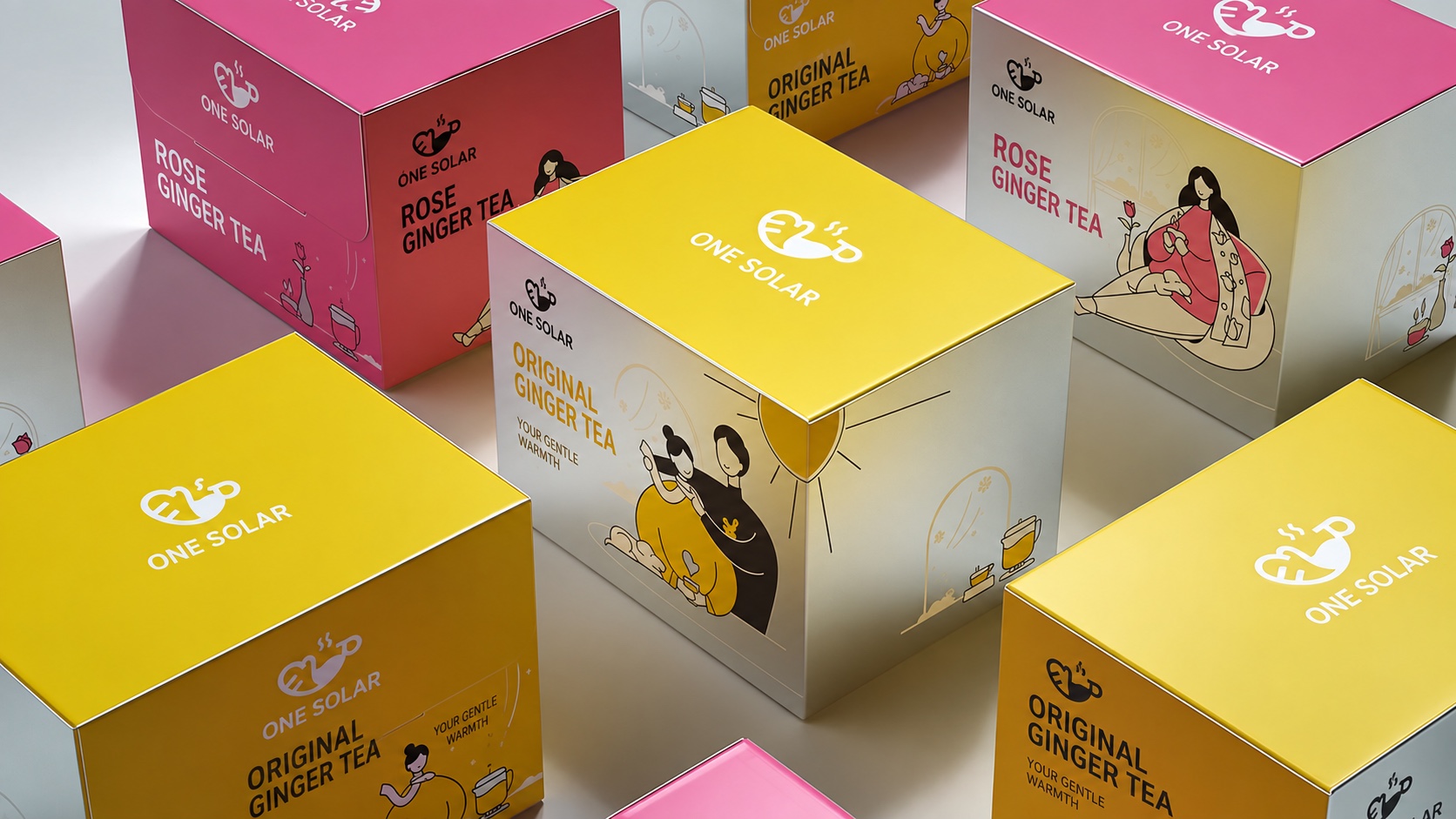 Coordinated ginger tea packaging range in yellow, pink and black