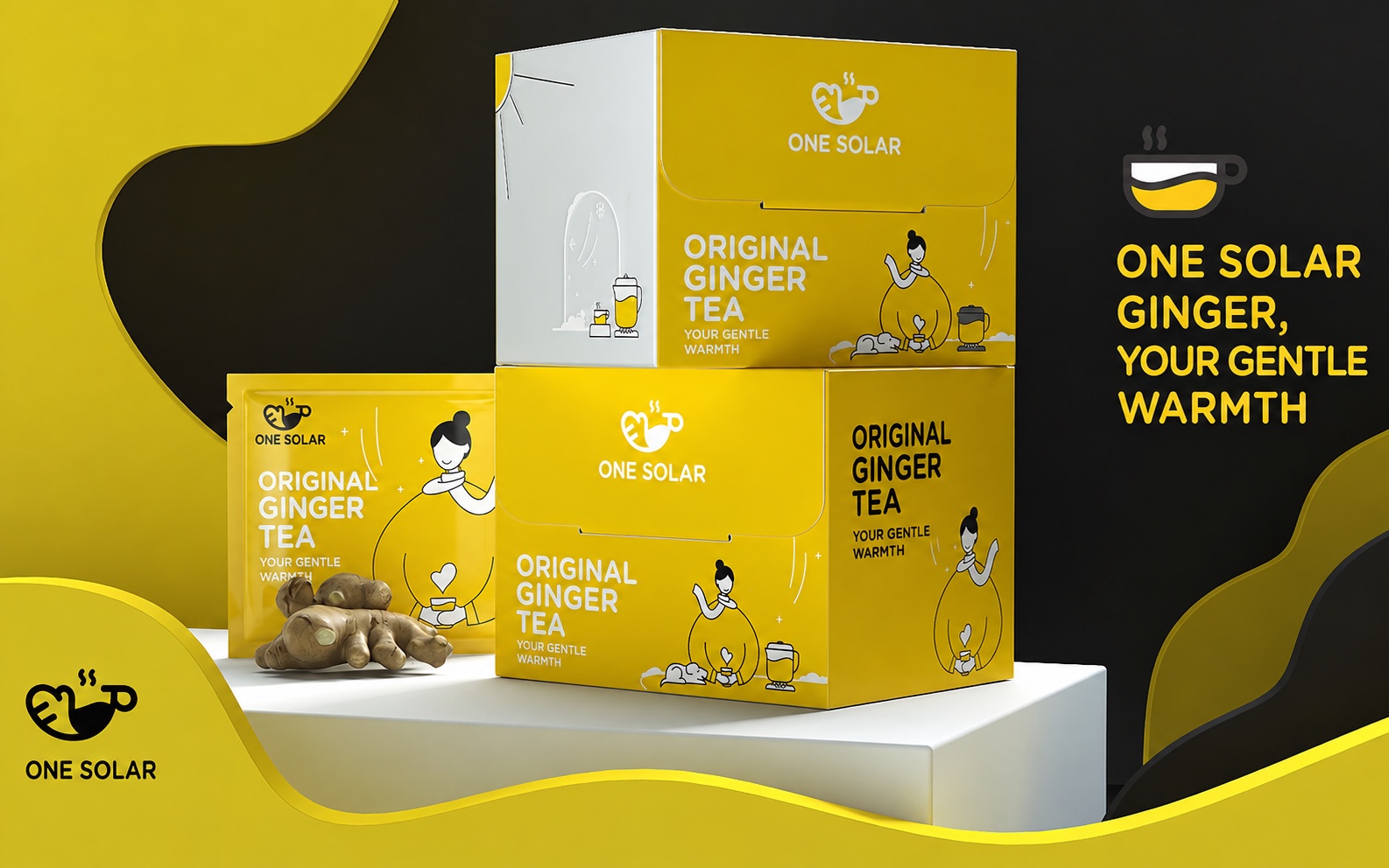 Yellow ginger tea retail cartons arranged as a coordinated product family